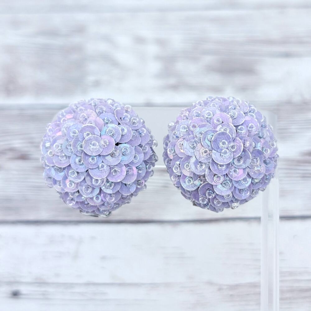 Vintage Clip On Earrings Domed Circle Lilac Sequins Large 1 &1/8" Statement